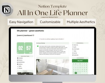 May include: A computer screen displaying a Notion template for a life planner with a green aesthetic. The template includes sections for personal goals, a calendar, and a daily focus. The text on the screen reads "life planner - green aesthetic" and "[name's] dashboard".