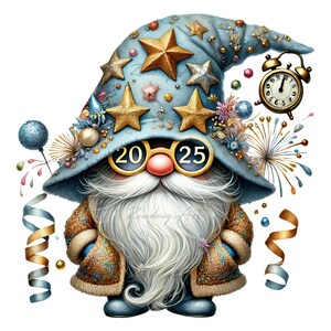 Gnomos de acuarela de feliz año nuevo, imágenes prediseñadas, feliz año nuevo, gnomo de año nuevo, gráficos PNG de gnomos, descarga digital, uso comercial