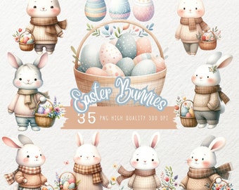Cute Easter Bunny Clipart, Easter Clipart Bundle, Bunnies Clipart, Easter Eggs, Basket, Baby Nursery Decor, Bunny PNG, Commercial Use