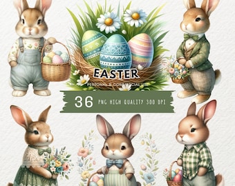 Clipart de Pascua en acuarela, conejitos de Pascua PNG, clipart de Pascua, conejito de Pascua PNG, PNG de Pascua, sublimación de Pascua, clipart de feliz día de Pascua