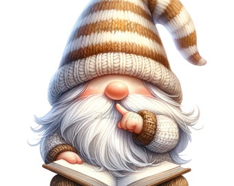 Gnome Book Clipart, Watercolor Gnome Reading Clip Art, Librarian Watercolor, Lover Book, Book Reading, Junk Journal, Scrapbooking