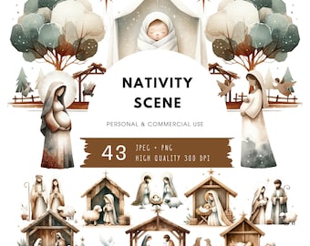Watercolor Nativity Scenes Clipart, Christmas Nativity Clipart, Nativity Scene, Baby Jesus Clipart, Nativity Scene PNG, Digital Download