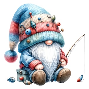Watercolor Fishing Gnome Clipart, Fisherman Gnome, Cute Gnome, Fly Fishing Clipart Watercolor, Gnome Fishing Clipart, Sublimation Designs