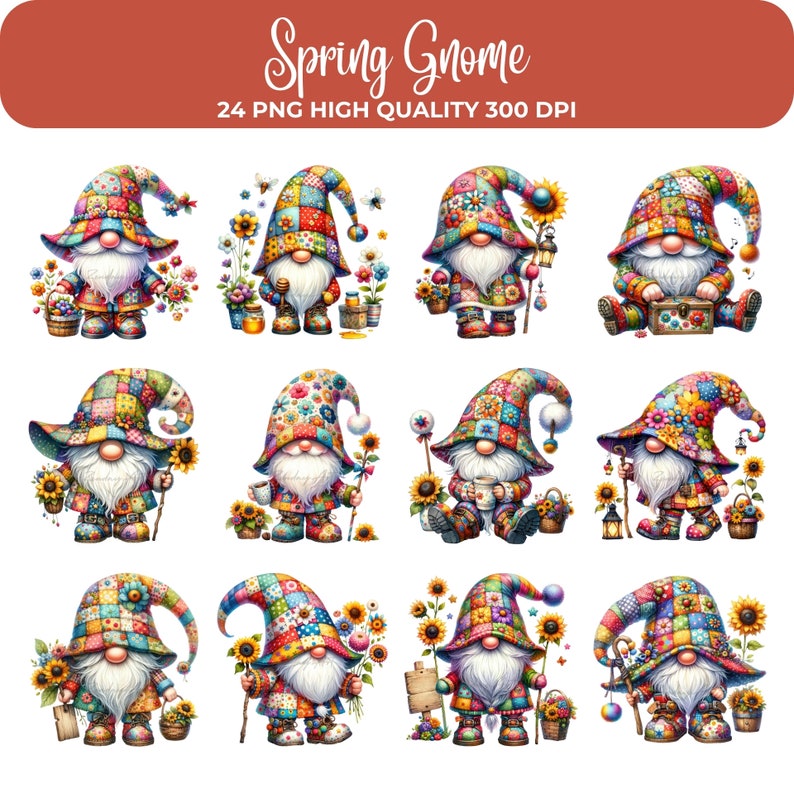 Spring Gnomes Clipart Bundle: Floral Garden PNG Graphics (commercial ...