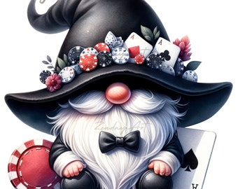 Watercolor Poker Gnome Clipart: Vegas Casino PNG (Commercial Use)