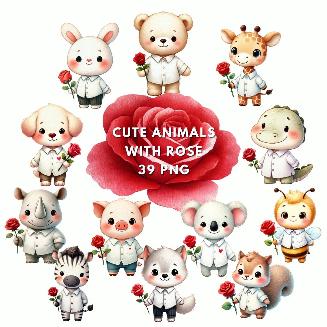 Watercolor Animal Clipart: Romantic Animals With Roses (PNG Digital ...