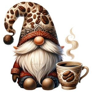 Akvarell kaffeälskare-tomte Clipart, kaffetomte PNG, kaffelattettomte, söt tomte Clipart, kaffe png, kaffeälskare PNG, sublimerad PNG