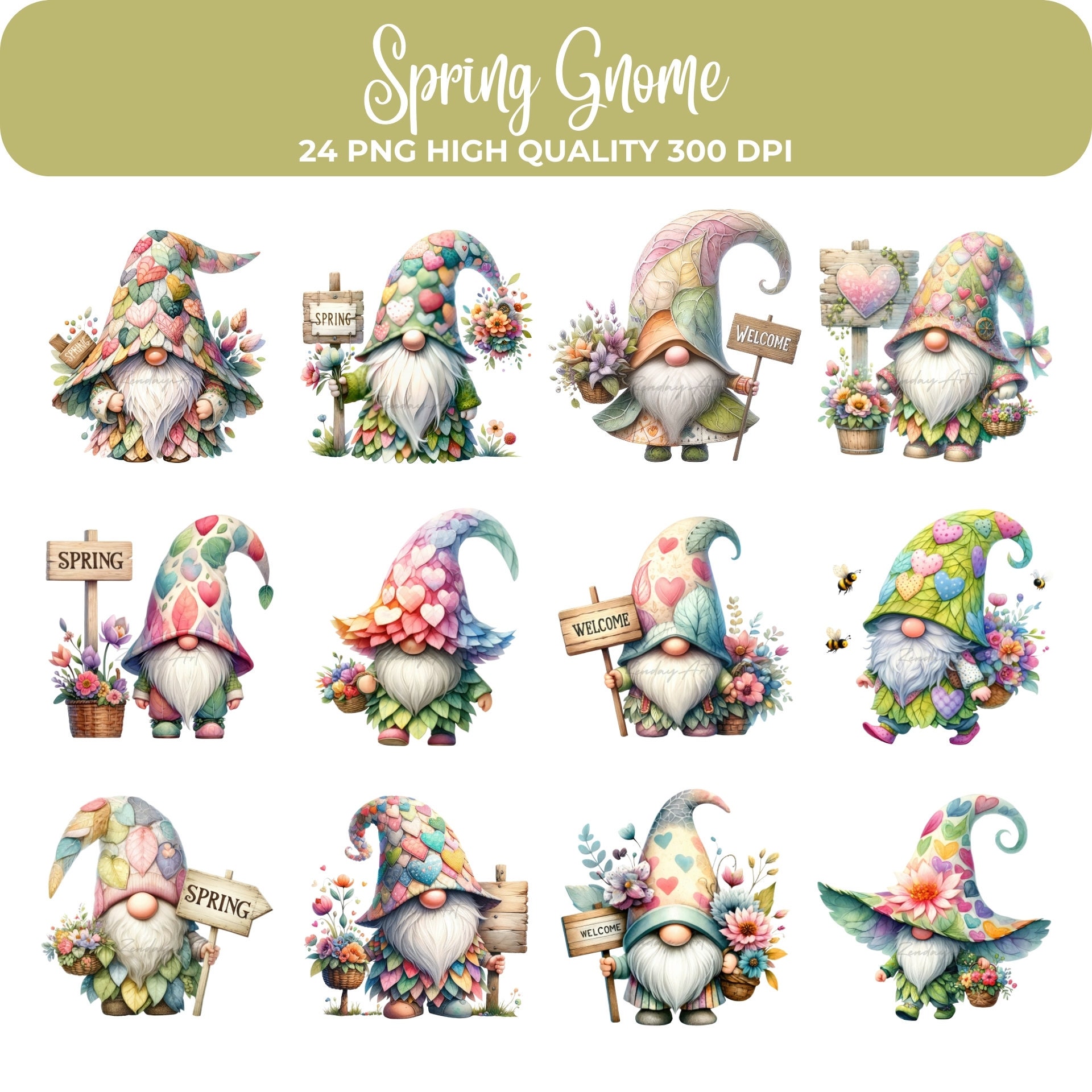 Spring Gnomes Clipart Bundle: Floral Garden PNG Graphics (commercial ...