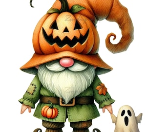 May include: A watercolor illustration of a Halloween gnome wearing a pumpkin hat and holding hands with a small ghost. The gnome has a long white beard, a green coat, and brown boots. The ghost is white with black eyes and a mouth.