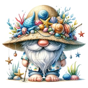 Watercolor Beach Gnome Clipart: Seashell Starfish PNG (Digital Download)