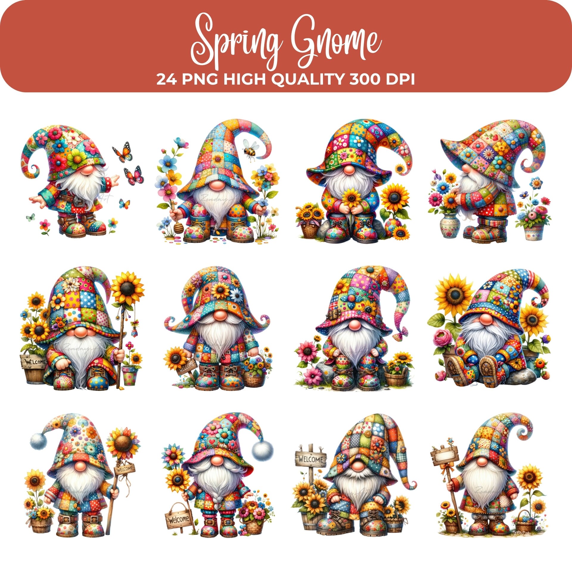 Spring Gnomes Clipart Bundle: Floral Garden PNG Graphics (commercial ...
