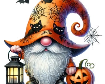May include: A Halloween gnome wearing an orange hat with black cats and spiderwebs. The gnome is holding a lantern and a jack-o-lantern.