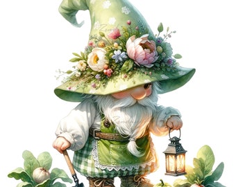 Garden Gnome Clipart PNG, Watercolor Garden Gnome, Gnome With Flowers, Clipart For Gardeners, Spring Gnomes, Sublimation Designs Downloads