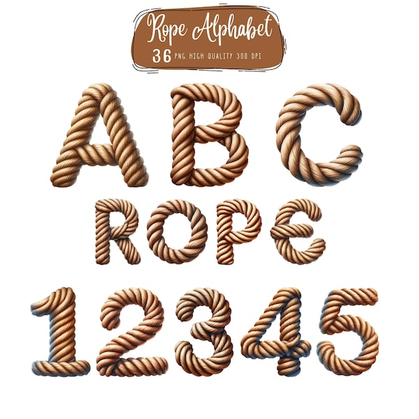 Rope Alphabet and Number Clipart Bundle, Rope PNG, Rope Letters Clipart, Boho Monogram, Alphabet Clipart, Scrapbooking, Digital Download