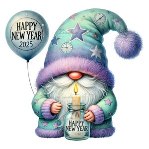Gnomos de acuarela de feliz año nuevo, imágenes prediseñadas, feliz año nuevo, gnomo de año nuevo, gráficos PNG de gnomos, descarga digital, uso comercial