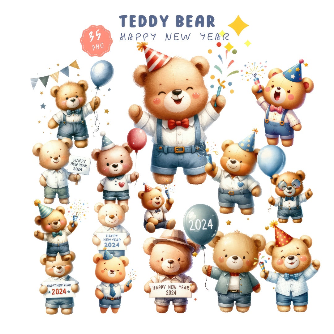 Teddy Bear Celebrates Happy New Year Clipart, Watercolor New Year's Eve Party Illustrations