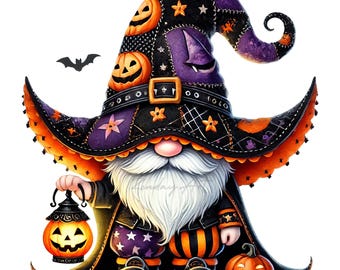 Clipart aquarelle gnome d'Halloween : sorcière, citrouille, fantôme (téléchargement numérique PNG)