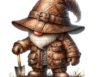 May include: A brown gnome wearing a leather jacket and hat with a wide brim, holding a small shovel. The gnome is standing in dirt with green plants growing around it.