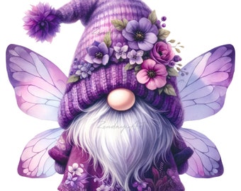 Purple Gnome Clipart, Gnome Clipart, Gnome Png, Watercolor Cute Gnome, Purple Flowers, Sublimation Design, Gnome images, Digital download