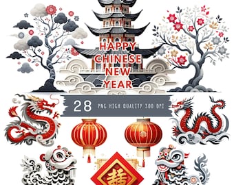 Puede incluir: Un conjunto de 28 ilustraciones del Año Nuevo chino con una pagoda, cerezos en flor, faroles rojos, dragones, bailarines de leones y un cuadrado rojo con el carácter chino para "buena suerte".