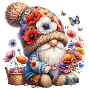 Watercolor Poppy Gnome Clipart: Spring Floral PNG (Digital Download)