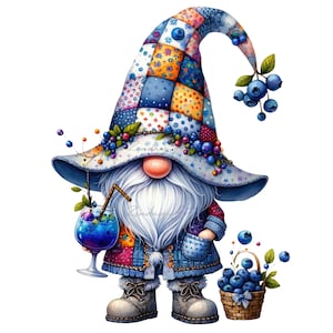 Watercolor Blueberry Gnome Clipart: Summer Garden PNG (Digital Download)