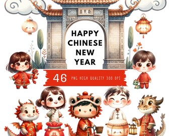 Cute Chinese New Year Watercolor Clipart, Cute Chinese Dragon PNG, for kids, Chinese Lunar New Year, Holiday Graphics, Digital Download