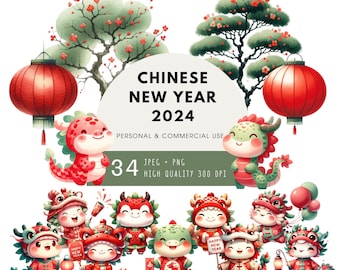 Cute Dragon clipart, Chinese New Year 2024 Watercolor Clipart, Baby Dragon for kids, Chinese Dragon New Year, Holiday Graphic PNG