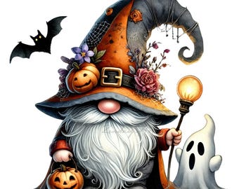 Paquete de imágenes prediseñadas de gnomos de Halloween, gnomos de Halloween PNG, gnomo lindo, Halloween de fantasía, gnomo de calabaza, arte infantil, sublimación de gnomos