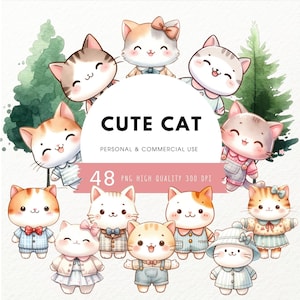 Kawaii kat clipartbundel, schattige kat clipart, huisdier illustratie, pastel aquarel katten, afdrukbare stickers, planner benodigdheden, commercieel gebruik