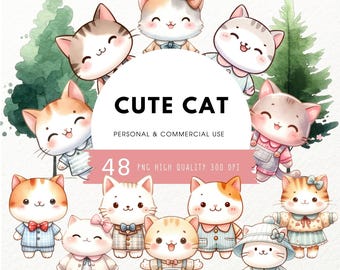 Kawaii Cat Clipart Bundle, Cute Cat Clipart, Pet illustration, Pastel Watercolor Cats, Printable Stickers, Planner Supplies, Commercial Use