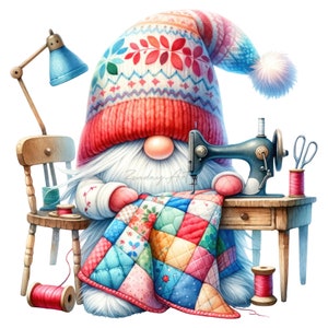 Watercolor Sewing Gnome Clipart Bundle, Sewing Machine Gnome clipart, Nursery Decor, Stitching Gnome Png graphic, Gnome Sublimation