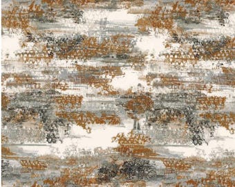 Op de afbeelding: Abstract textielpatroon met een mix van kleuren. Het ontwerp bevat penseelstreekachtige texturen in tinten grijs, bruin en zwart tegen een crèmekleurige achtergrond. Het patroon heeft een gelaagd effect, waardoor visuele diepte en interesse ontstaat.