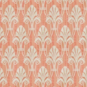 May include: A repeating pattern of stylized, off-white floral motifs against a salmon-colored, vertically striped background. The design features symmetrical, fan-shaped elements with curved accents, creating a classic, elegant aesthetic. The pattern is suitable for wallpaper or fabric.