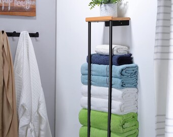 Wall Mounted Towel Rack With Wood Shelf | Bathroom Towel Rack | Metal Towel Holder | Towel Storage | Shelf Towel Rack | Bathroom Storage