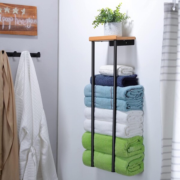 Wall Mounted Towel Rack With Wood Shelf | Bathroom Towel Rack | Metal Towel Holder | Towel Storage | Shelf Towel Rack | Bathroom Storage