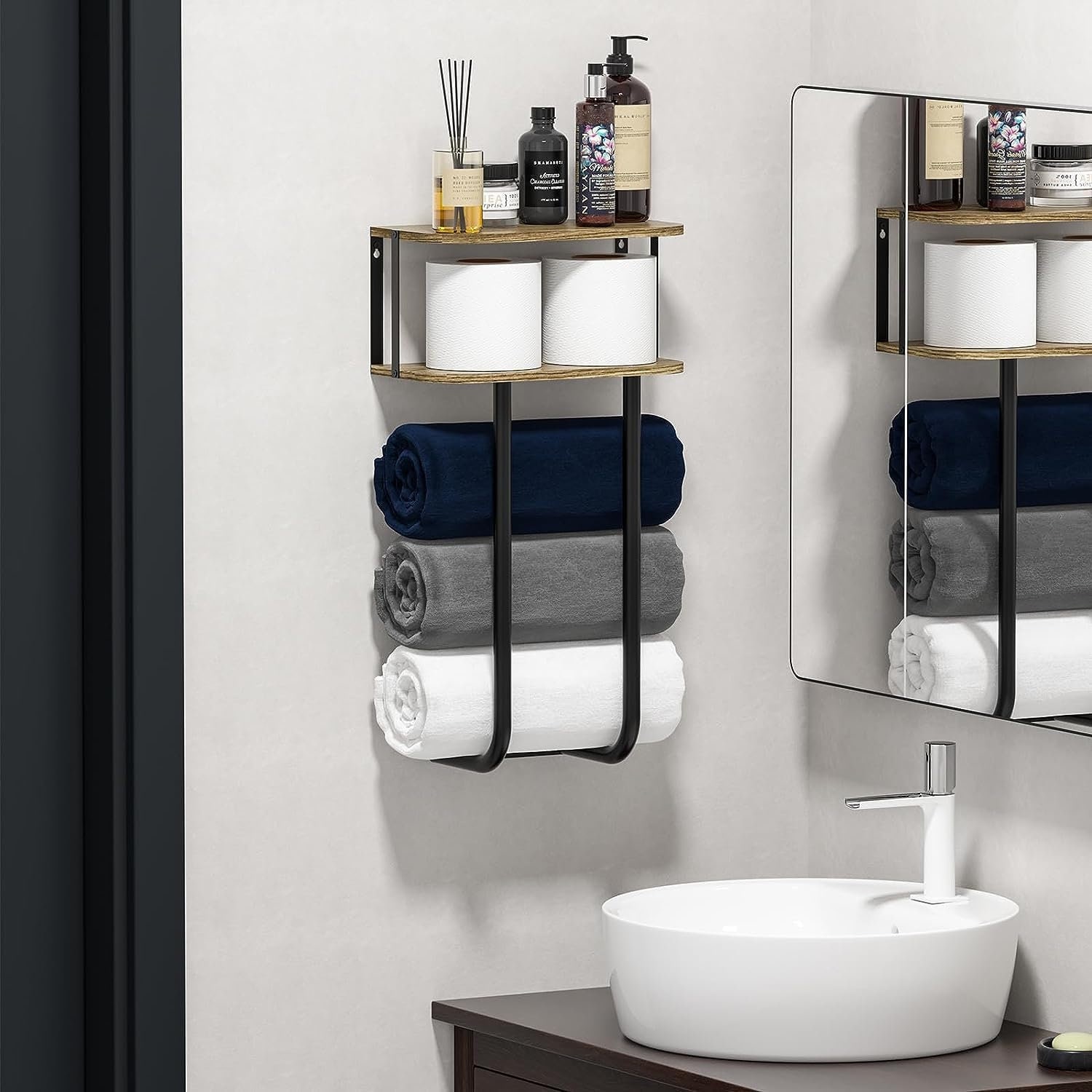 2 Tier Wall Mounted Bathroom Organizer Wood Wall Shelf w/Towel Bar