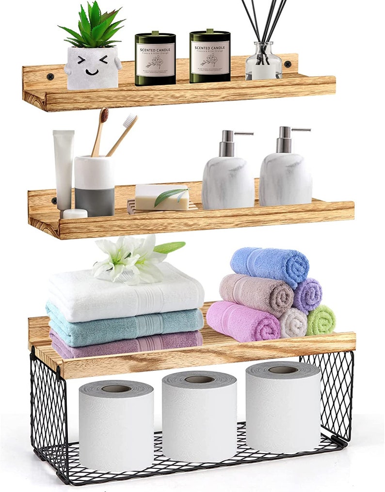 2 in 1 Wooden Bathroom Shelves With Wire Basket Floating Shelves Rustic