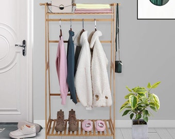 Bamboo Garment Rack with Shelves | Laundry Room Rack | Clothes Rack | Kids Clothes Rack | Rolling Clothes rack | Closet Rack