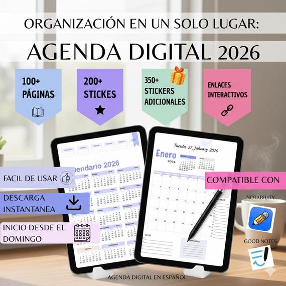 AGENDA DIGITAL 2026 - PREVENTA 100% Español - Calendario diario - Control financiero - Planificador redes sociales-Gratitud-stickers