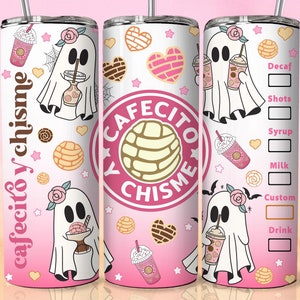 Cute Cafecito Y Chisme Tumbler Wrap, Cute Ghost Coffee Tumbler, Mexico Pan Dulce 20oz Tumbler PNG, Spooky Conchas Tumbler Wrap
