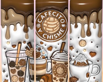 Envoltura de vaso inflado 3D Cafecito y Chisme, Vaso 3D Pan Dulce, Regalos mexicanos, Vaso de café hinchado, Conchas Mexicanas, Descarga digital
