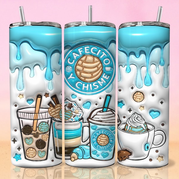 3D Inflated Cafecito Y Chisme Tumbler Wrap PNG - 3D Puff Pan Dulce 20oz Tumbler Sublimation - Skinny Coffee Tumbler Wrap - Digital Download