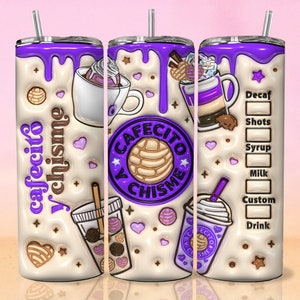 May include: A white and purple tumbler with a design of a coffee cup, pastries, and the text "cafecito y chisme". The tumbler has a purple lid and a straw.
