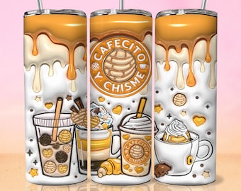 3D Inflado Cafecito Y Chisme Tumbler Wrap PNG - 3D Puff Pan Dulce 20oz Tumbler Sublimation - Skinny Coffee Tumbler Wrap - Descarga Digital