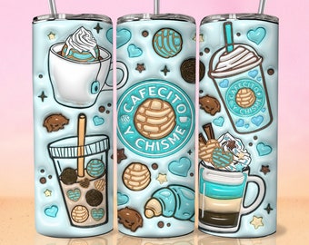 3D Cafecito y Chisme Inflated Tumbler Wrap, 3D Pan Dulce Tumbler, Mexican Gifts, Puffy Coffee Tumbler, Conchas Mexicanas, Digital Download