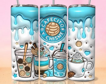3D Inflado Cafecito Y Chisme Tumbler Wrap PNG - 3D Puff Pan Dulce 20oz Tumbler Sublimation - Skinny Coffee Tumbler Wrap - Descarga Digital