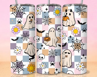 Retro Halloween Tumbler Wrap PNG, 20oz Skinny Tumbler Sublimation,Checkered Ghost Tumbler PNG,Spooky Season Tumbler, Pastel Halloween