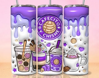 3D Inflado Cafecito Y Chisme Tumbler Wrap PNG - 3D Puff Pan Dulce 20oz Tumbler Sublimation - Skinny Coffee Tumbler Wrap - Descarga Digital