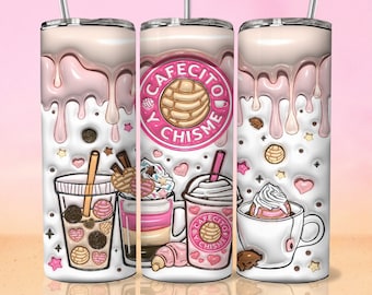 3D Inflated Cafecito Y Chisme Tumbler Wrap PNG - 3D Puff Pan Dulce 20oz Tumbler Sublimation - Skinny Coffee Tumbler Wrap - Digital Download